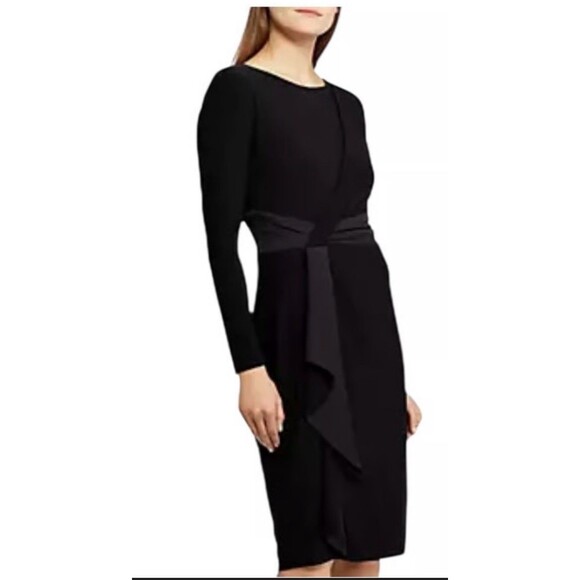 Ralph Lauren Black Knit Dress Satin Waist Ruffle Size 16 - Picture 1 of 14